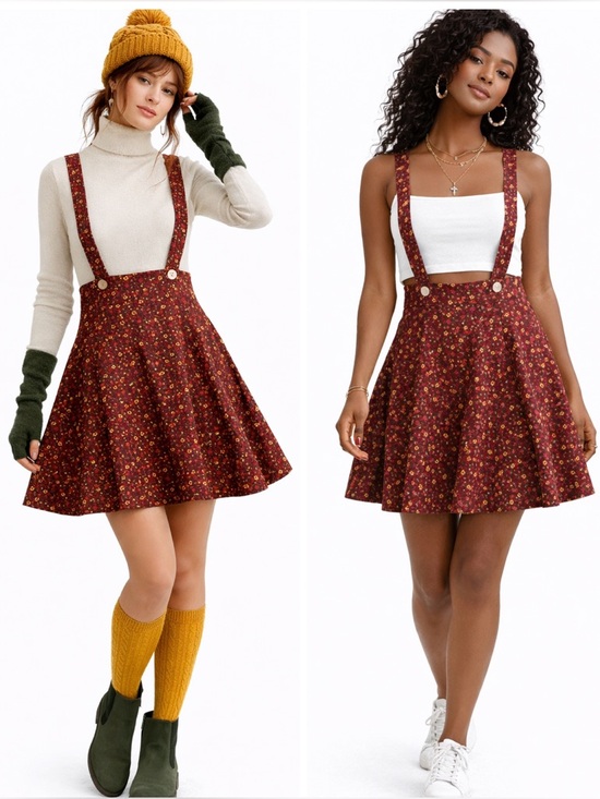 FBC Studio Dresses & Skirts - Floral Organic Cotton Pinafore Burgundy Dress, Adjustable Suspender Mini Dress L
